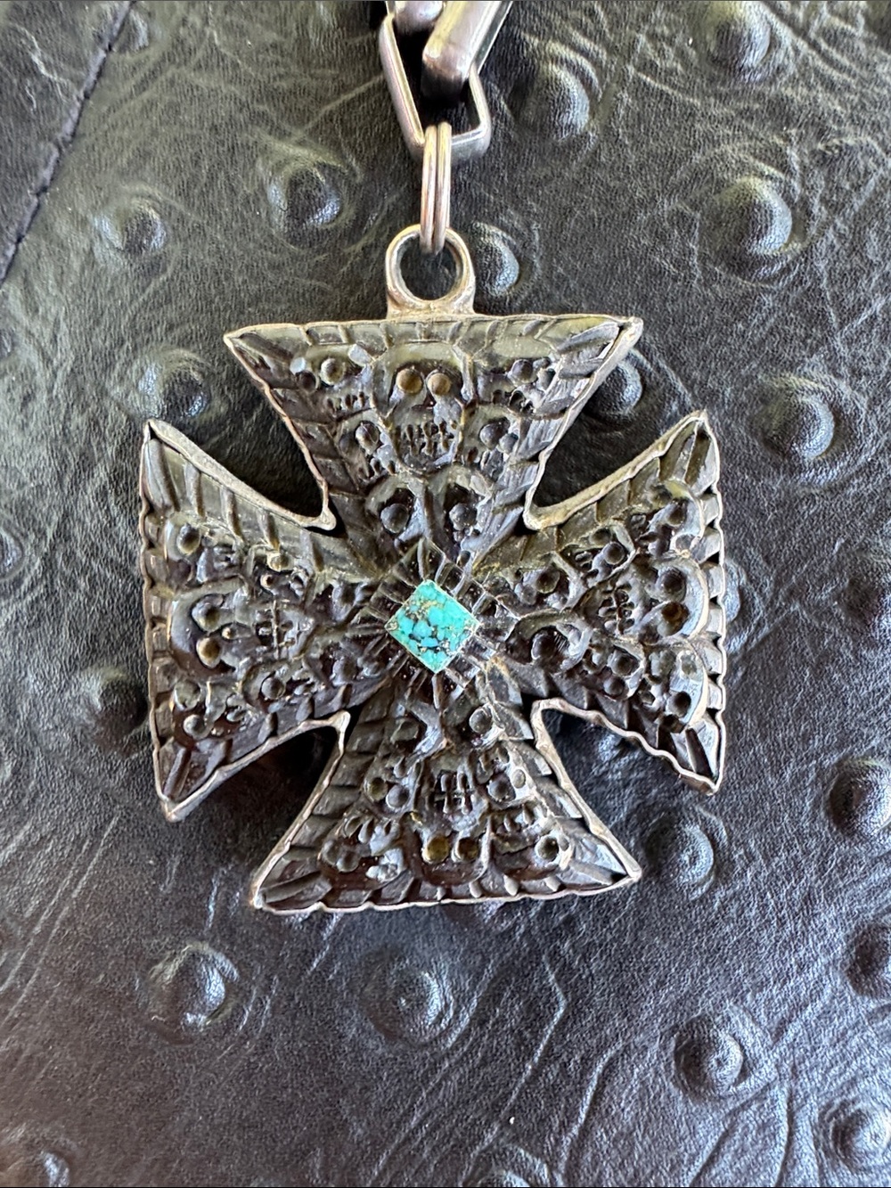 Artisan GH Sterling Silver Hand Carved Bone Skull Cross Pendant Necklace - 18"